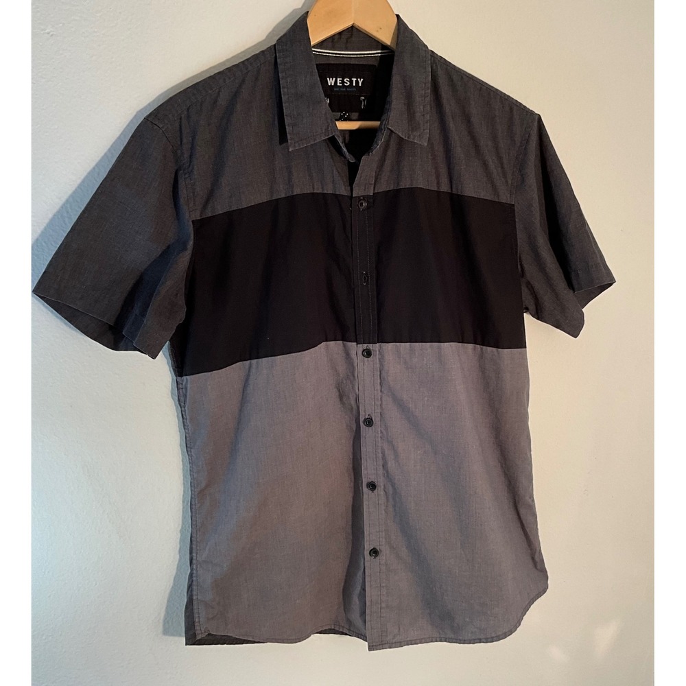 Westy Mens‎ Gray Black Short Sleeve Button Up Casual Shirt Y2K Style